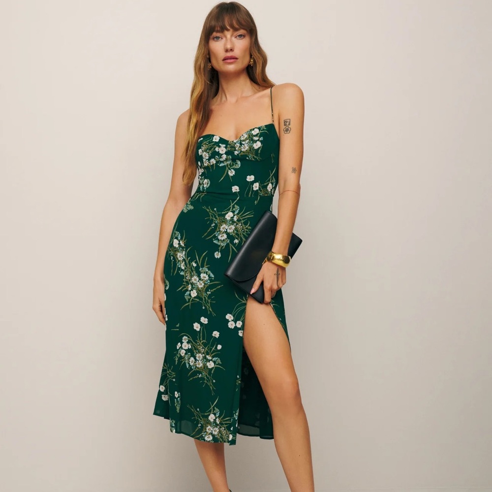 REFORMATION mid-length slit green floral dress Perfect condition Good 4 weddings